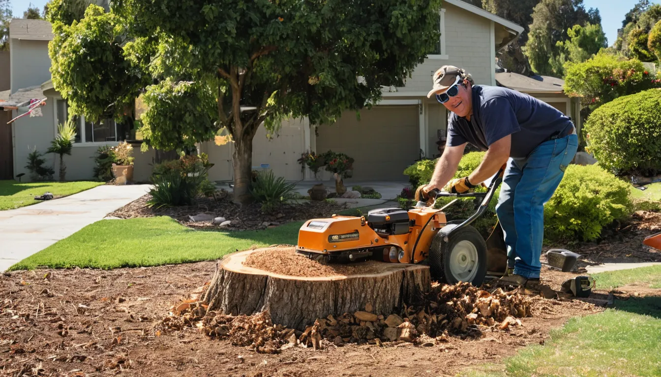 Provider grinding a tree stump in a residential yard in San Clemente, CA